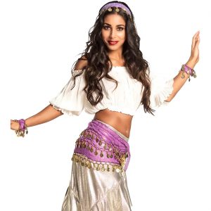 Orientalin Gipsy / Piratin Hüfttuch+Armbänder+Haarreif Set mit goldenen Münzen BELLY DANCE lila