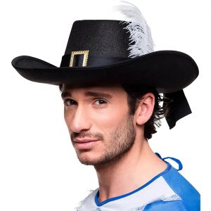 Musketier Hut mit breiter Krempe Band und Feder ANDRE schwarz-gold