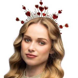 Alice Herzkönigin / Spielkarte Krone Diadem Haarreif Heiligenschein mit Herzen aus Metall JULIETTE gold-rot