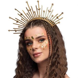 Gladiatorin / Göttin Krone Diadem Haarreif Heiligenschein aus Metall mit Monden und Sternen HALO AURORA gold