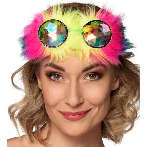 80er 90er Jahre Schweißerbrille Goggles mit Plüsch Rave Brille bunt