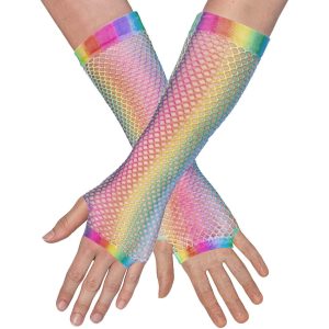 Netzhandschuhe lang fingerlos Mesh Regenbogen mehrfarbig neonbunt