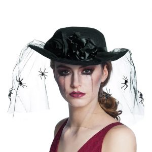 Hexen Schwarze Witwe Damenhut breite Krempe mit Schleier Satinrosen und Spinnen SPIDER WIDOW schwarz