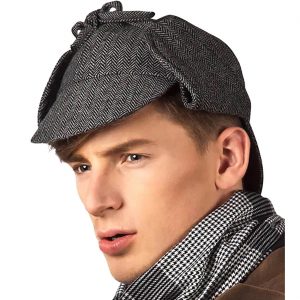 Privatdetektiv Mütze in Fischgrätmuster mit Ohrenklappen zum Binden dunkelgrau
