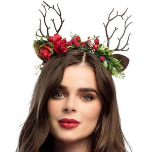 Reh Faun Rentier Haarreif mit Hörnern und Ohren mit Blumen Beeren und Zweigen FESTIVE DEER braun-rot