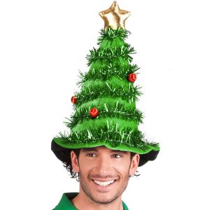 Weihnachtsbaum Mütze Hut aus Samt mit Lametta und Stern grün-gelb