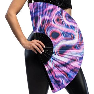 90er 2000er Jahre Rave / Festival Textilfächer mit Metall Wellen Style RAVE TRIP XL 64cm neonbunt