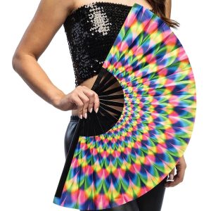 90er 2000er Jahre Rave / Festival Textilfächer mit Metall Kaleidoskop Style RAVE RUSH XL 64cm neonbunt