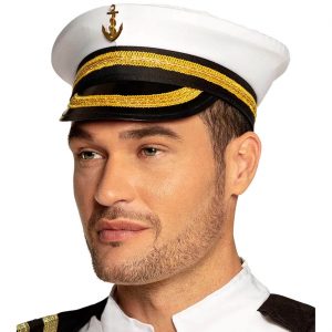 Schiffskapitän Uniform Schildmütze verstellbar CAPTAIN weiß-gold