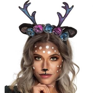 Reh Faun Rentier Dunkel Haarreif mit Hörnern und Ohren mit Blumen DARK DEER in schwarz mit türkis und pink bunt