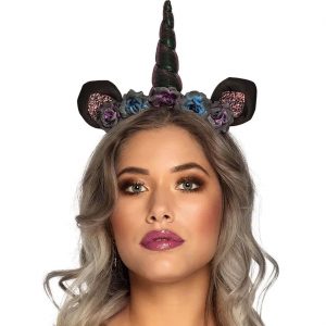 Pferd Einhorn dunkel Haarreif mit Horn und Ohren mit Blumen DARK UNICORN in schwarz mit türkis und pink bunt