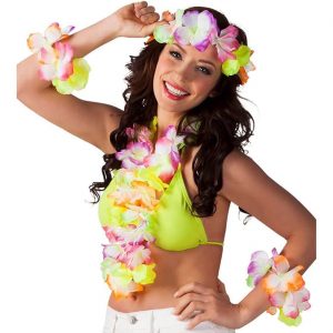 Hawaii / Blumen Halskette+Armbänder+Stirnband Set Hawaiikette Lei SUNSHINE bunt