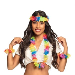 Hawaii / Blumen Halskette+Armbänder+Stirnband Set Hawaiikette Lei RAINBOW bunt