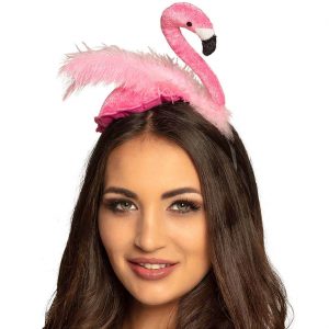 Vogel Flamingo Haarreif mit Motiv aus Velours mit Feder pink