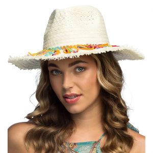 70er Jahre Hippie / Festival Hut Sommerhut mit Schnüren BOHEMIAN beige-bunt