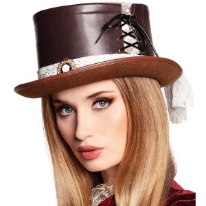 Steampunk Zylinderhut Lederoptik mit Cameedame und Spitze STEAMBRIDE braun-weiß