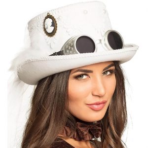 Steampunk / Braut Zylinderhut mit Schleier Cameedame Goggles und Spitze MARRYPUNK weiß-schwarz