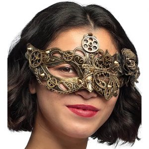Steampunk Dominomaske mit Spitze und Zahnrädern STEAMFLOWER gold