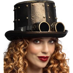 Steampunk Zylinderhut mit Goggles und Plattenoptik METALPUNK schwarz-kupfer