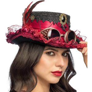 Steampunk Zylinderhut mit Goggles und Federn SCARLET pink-bronze