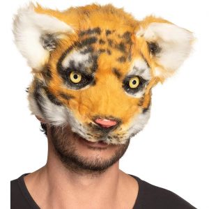 Tiger Dominomaske mit Ohren aus Plüsch Halbmaske orange-schwarz