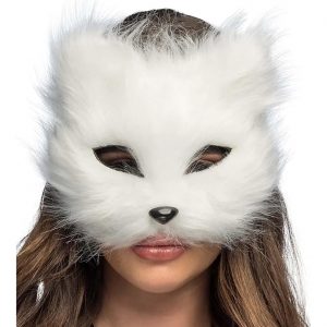Katze Dominomaske mit Ohren aus Plüsch Halbmaske weiß