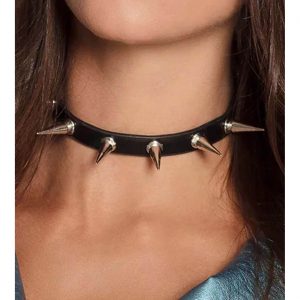 Punk Rocker Nietenhalsband verstellbares Lederoptikband mit Stachelnieten SPIKE DELUXE schwarz-silber