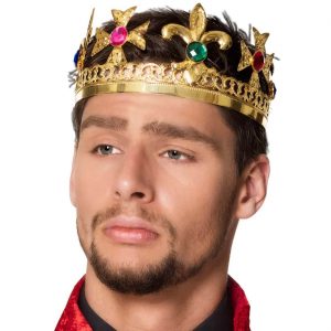 Königinnen Königs Krone aus Metall mit Steinen Kreuzen und Lilien Deluxe gold-bunt