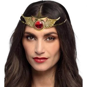 Superheldin Power Woman Krone Diadem Stirnschmuck mit Flügeln Stern und Stein gold-rot