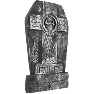 Grabstein RIP Deko Standfigur aus Styropor 50x27cm RIP SKULL CROSS grau-weiß