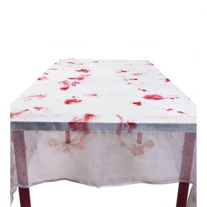 Blutiges Einweggeschirr Tischdecke Textiloptik 150x180cm weiß-rot