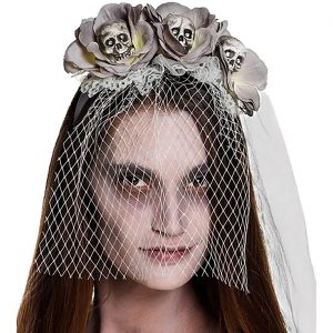 Geister Braut Haarreif mit Schleier und Blumen Netzschleier Tüllschleier 3 Schädel ZOMBIE SKULLS grau