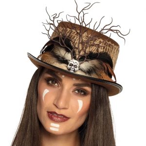 Voodoo Priester Priesterin Zylinderhut mit Textilborte und Zweigen AYIDA braun-beige