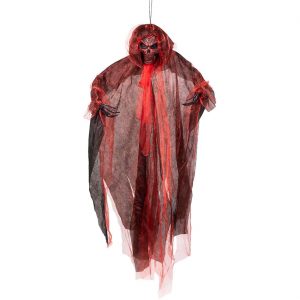 Skelett in Fetzen Deko Hängefigur mit LED 180cm DEAMON REAPER mit Leuchtaugen schwarz-rot-gold