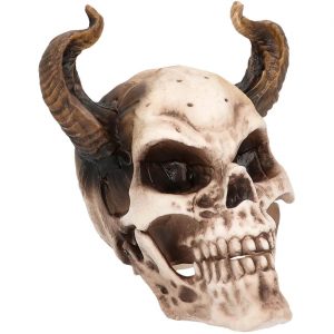 Schädel bleich Deko Standfigur 20x18x19cm mit TEUFELs Dämonenhörnern und beweglichem Kiefer beige-braun
