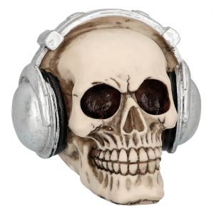Schädel bleich Deko Standfigur 14x12x12cm mit KOPFHÖRER beige-silber