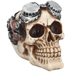 Schädel bleich Deko Standfigur 9x14x11cm mit Brille und Zahnrädern STEAMPUNK beige-silber