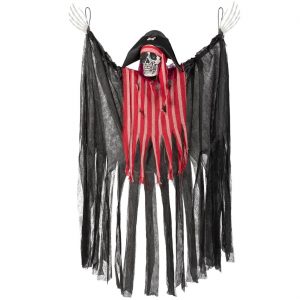 Skelett Pirat Deko Hängefigur animiert+LED+Sound bewegt sich lacht und leuchtet 160cm LACHENDER PIRAT schwarz-rot