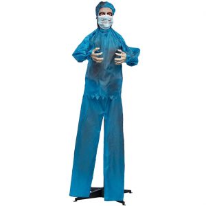Zombie Arzt blutig Deko Standfigur animiert+LED+Sound 170cm GRUSELIGER ARZT blau