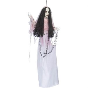 Geisterfrau blutig Deko Hängefigur animiert+LED+Sound im blutigen weißen Kleid 120cm ELVIRA weiß