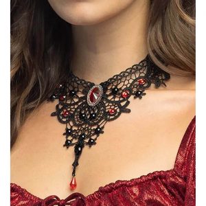 Edelleute Vintage / Gothic Halskette Collier Halsband aus Spitze mit Steinen CHOKER VAMPIR GISELA schwarz-rot