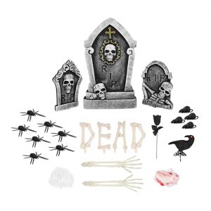 Grabstein RIP Deko Standfiguren Set 3 Grabsteine 2 Skelettarme DEAD Krähe Ratten Spinnen … grau-beige