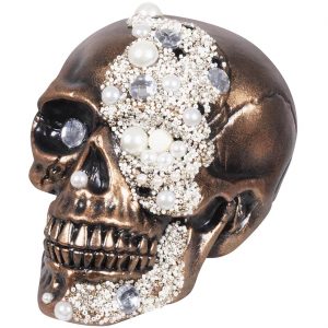 Schädel bleich Deko Standfigur 16x15x21cm mit Perlen und Edelsteinen FORTUNE kupfer-creme