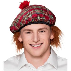 Schotten Mütze Barrett mit Haaren aus Plüsch und Bommel MR TARTAN rot-grün