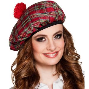 Schotten Mütze Barrett mit Bommel TARTAN rot-grün
