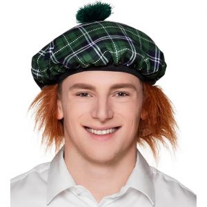 Schotten Mütze Barrett mit Haaren aus Plüsch und Bommel MR TARTAN grün-weiß