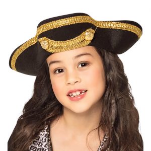 Edelleute / Piraten Dreispitzhut für Kinder mit Bordüre und Knöpfen JOEY schwarz-gold