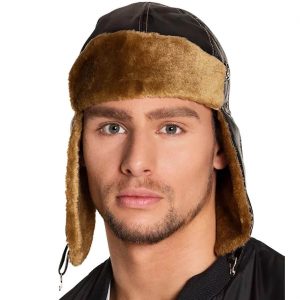 Retro Jetpilot Fallschirmspringer Mütze Pilotenkappe Fliegermütze Lederoptik mit Fell Plüsch ERICK braun