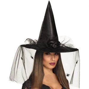 Hexen Zauberer Hexenhut mit Satinblume Schleier und Spinnen ESMERALDA schwarz