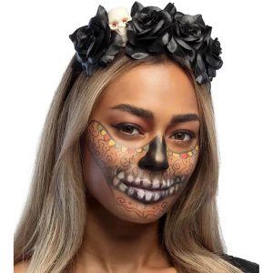 La Catrina D.d.l.M. Haarreif mit Blumen mit Schädel LA MUERTE schwarz-beige